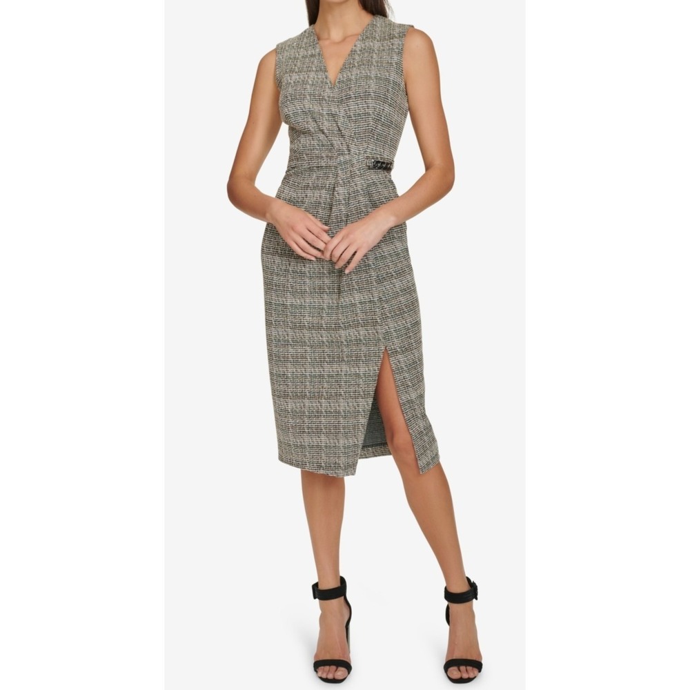 New Calvin Klein Tweed Sleeveless V-Neck Chain Midi Dress Women's‎ Size 8 Beige